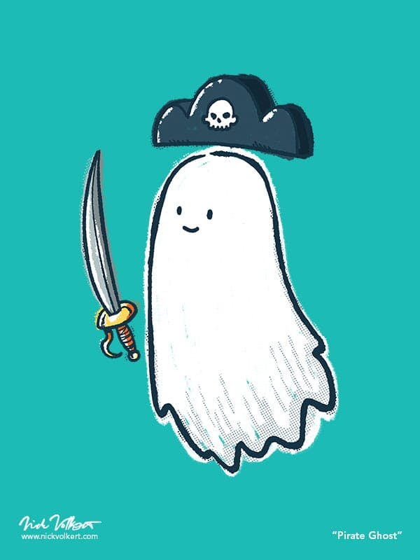 A friendly ghost with a cool pirate sword and hat.