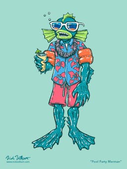 A merman is drinking a tropical drink, wearing wingies and a Hawaiin shirt.