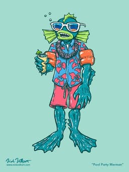 A merman is drinking a tropical drink, wearing wingies and a Hawaiin shirt.