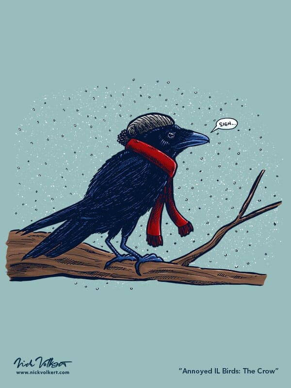 A crow perched on a brance, wearing a stocking cap and scarf, really annoyed by the snow.