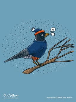 An annoyed robin perched on a branch while is snows around him, wearing a stocking cap and crewneck.