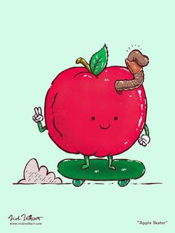 A skateboarding apple has a little worm friend along for the ride, popping out of his head.