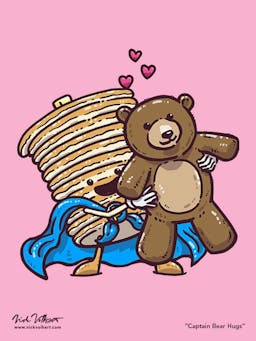 Captain Pancake is bringing the love and is hugging an oversized teddy bear with little hearts popping up above their heads for Valentines Day!