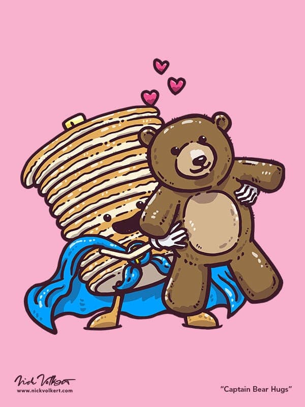 Captain Pancake is bringing the love and is hugging an oversized teddy bear with little hearts popping up above their heads for Valentines Day!