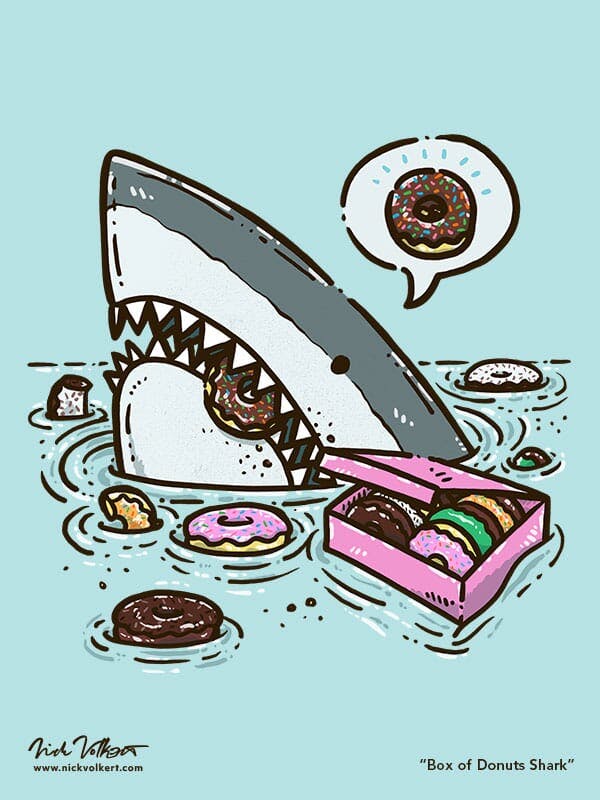 A shark peeks out of the water surrounded by donuts.