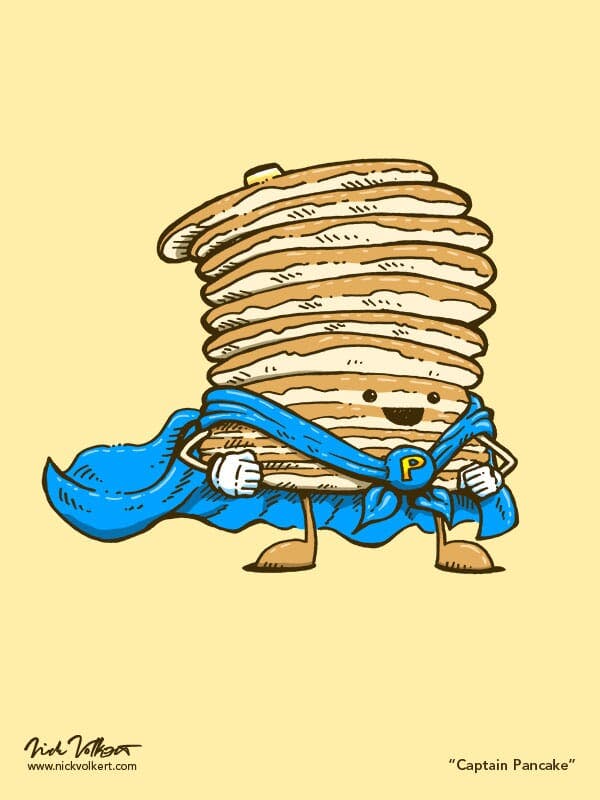 The superhero Captain Pancake stands proud with his blue cape waving behind him.