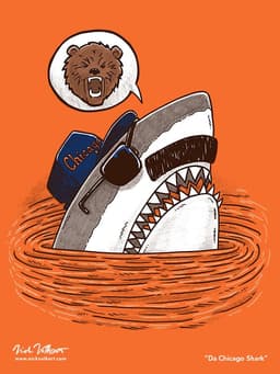 A great white shark peeks out of the water in Lake Michigan with a mustache, hat, and sunglasses.