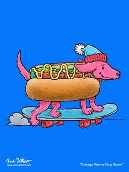 A dachshund in a chicago dog style hot dog costume zooms by on top of a skateboard!
