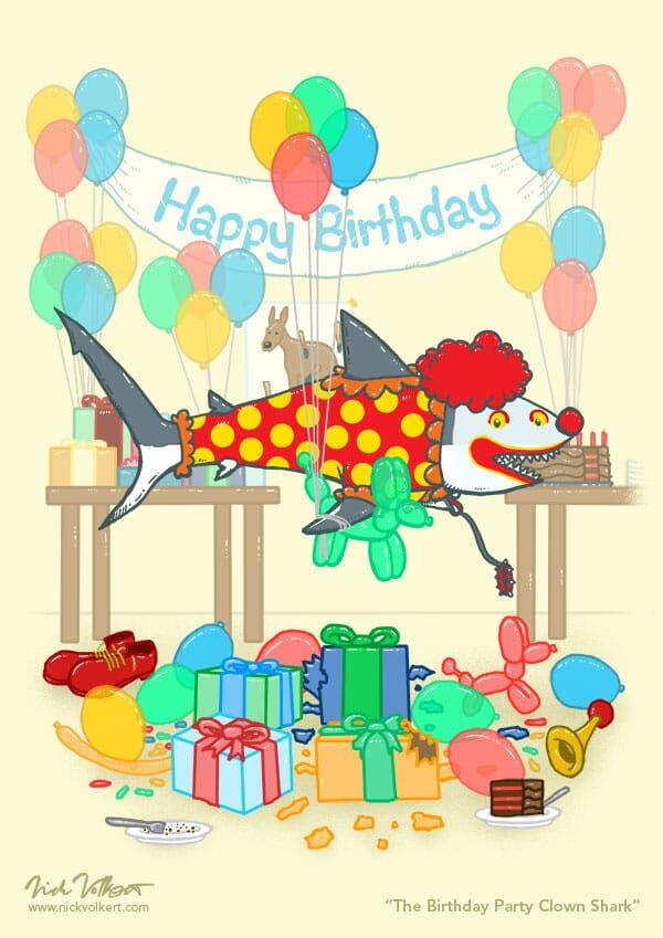 A shark is dressed as a clown at a kid's birthday party complete with balloon animals, but appears to have eaten some of the cake and presents.