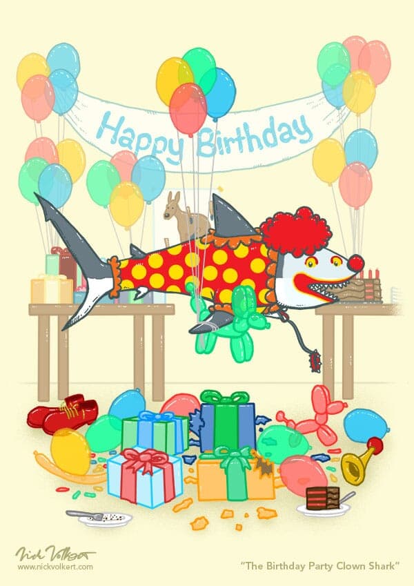 A shark is dressed as a clown at a kid's birthday party complete with balloon animals, but appears to have eaten some of the cake and presents.