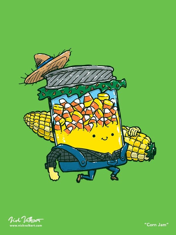 A jar full of candy corn trots by while carrying a large ear of actual corn, while wearing bib overalls and a straw hat!