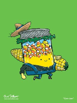 A jar full of candy corn trots by while carrying a large ear of actual corn, while wearing bib overalls and a straw hat!