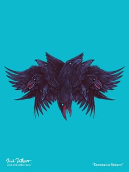 A crow with multiple heads and wings is covered in blood.