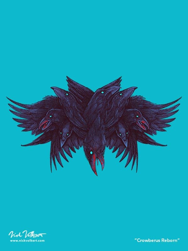 A crow with multiple heads and wings is covered in blood.