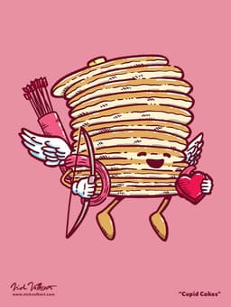 Captain Pancake is dressed like a cherub and is holding a bow and arrow and a box of chocolates in the shape of a heart
