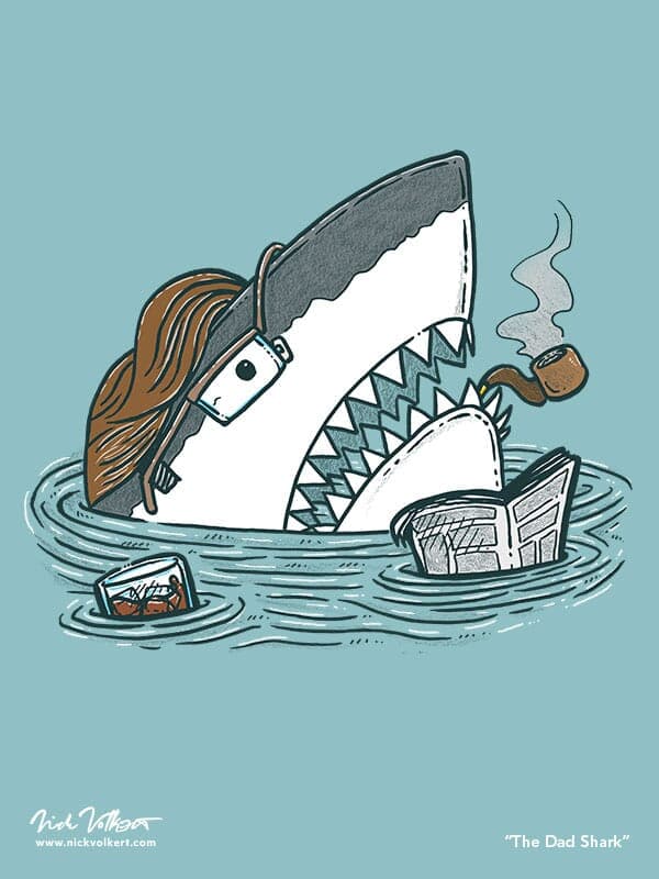 A dad shark pops out of the water with a pipe and a glass of whiskey.