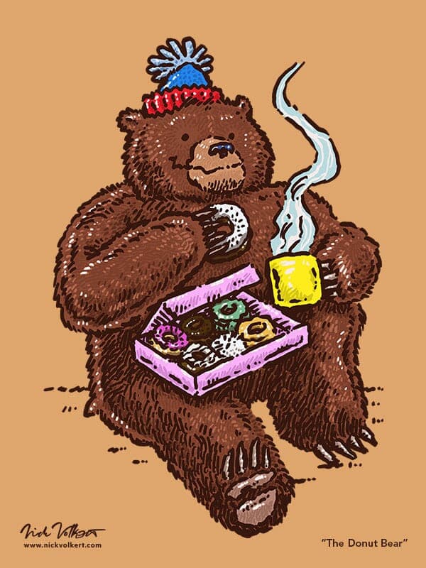 A burly bear in a pom-pom stocking cap enjoys a baker's dozen of donuts and a hot coffee!