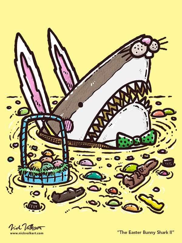 A shark peeks out of the water dressed as the Easter Bunny with various jelly beans, chocolate bunnies, and eggs floating around him.