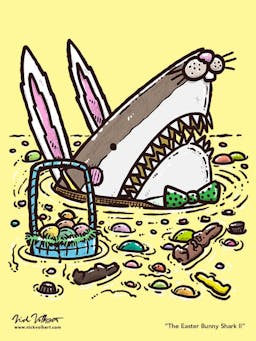 A shark peeks out of the water dressed as the Easter Bunny with various jelly beans, chocolate bunnies, and eggs floating around him.