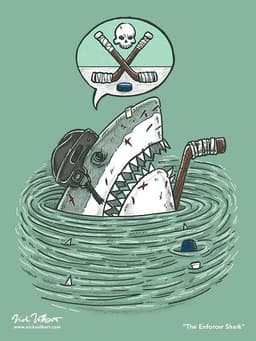 A great white shark peeks out of the water all beat up from being a hockey goon.