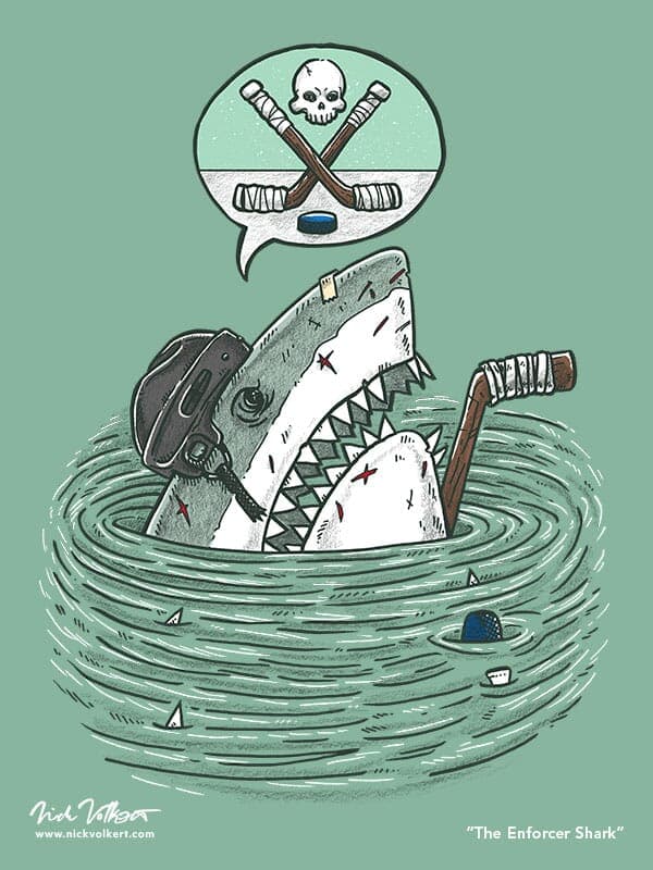 A great white shark peeks out of the water all beat up from being a hockey goon.