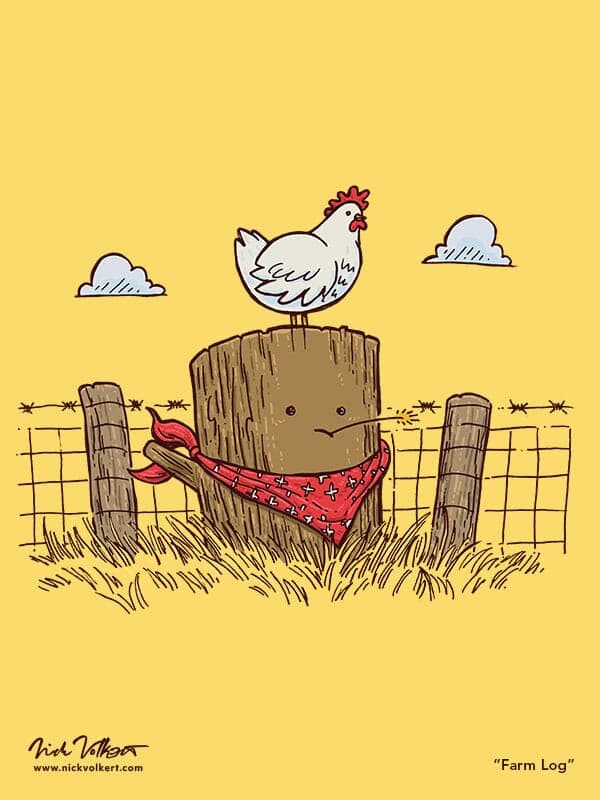 A log basks in the sun with donning a bandanna and a small chicken roots on its head.