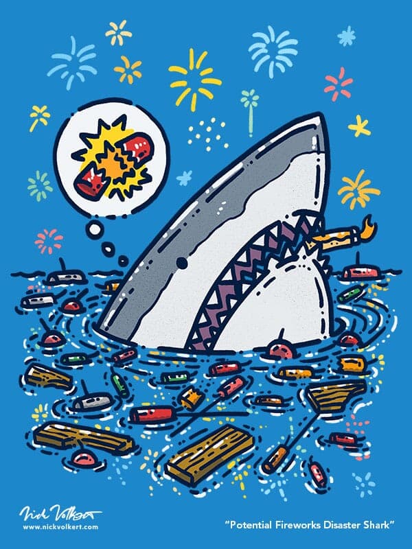 A shark with a small lighther between its sharp teeth with a small flame flickering in the night is surrounded by an emptied crate of fireworks!