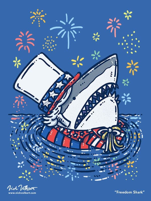 A great white shark emerges from the water with a full red, white and blue outfit detail as independence day fireworks light up the night's sky!