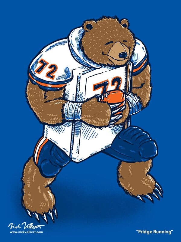 A grizzly bear running with a football and a white Chicago Bears jersey with the number 72.