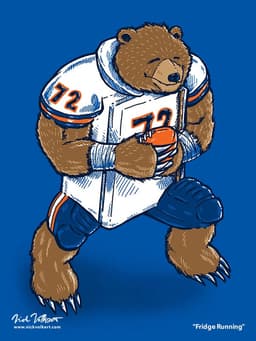 A grizzly bear running with a football and a white Chicago Bears jersey with the number 72.