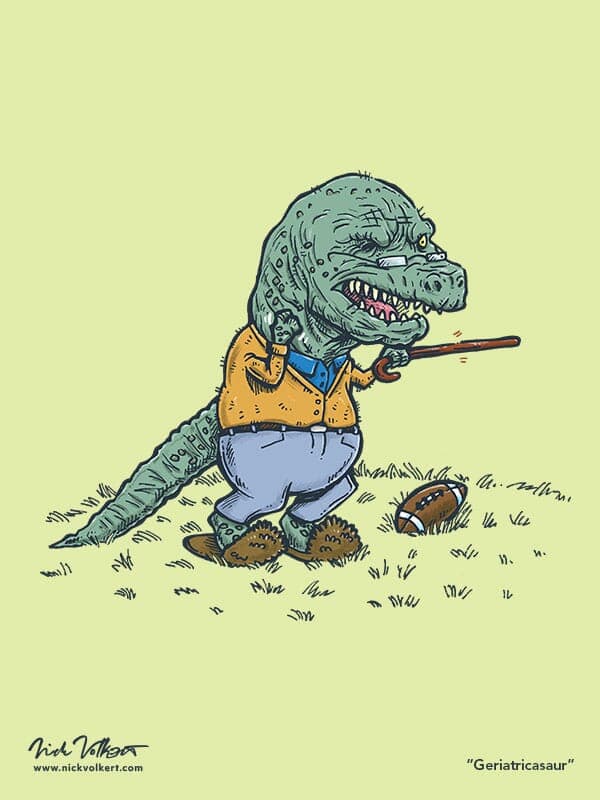 An old dinosaur is scolding younger dinosaurs with his outreached cane.