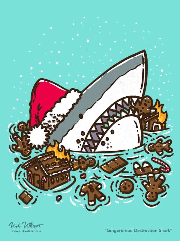 A shark eats gingerbread houses and men.