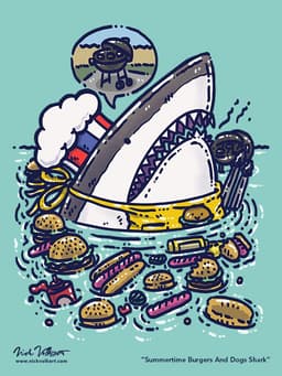 A patriotic shark emerges from the water with hot dogs, burgers and condiments and is working the grill with his apron and tongs.