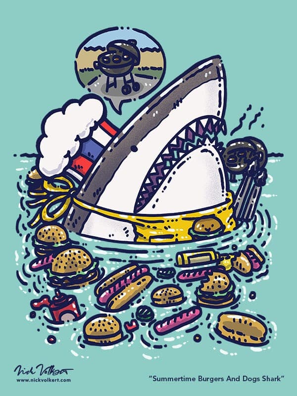 A patriotic shark emerges from the water with hot dogs, burgers and condiments and is working the grill with his apron and tongs.