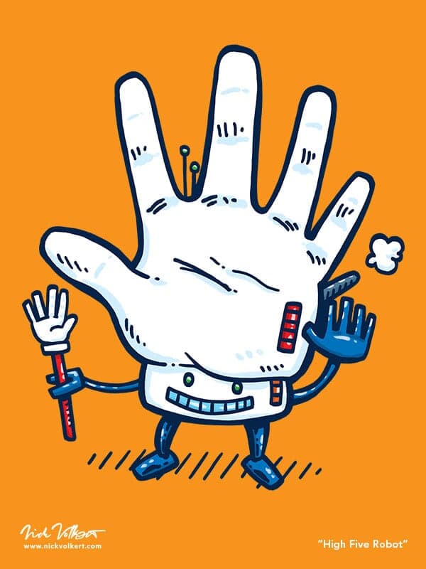 A small robot that's is a high five with another hand waiting for a high five and also a clamp hand holding a high five waiting for your high fives!