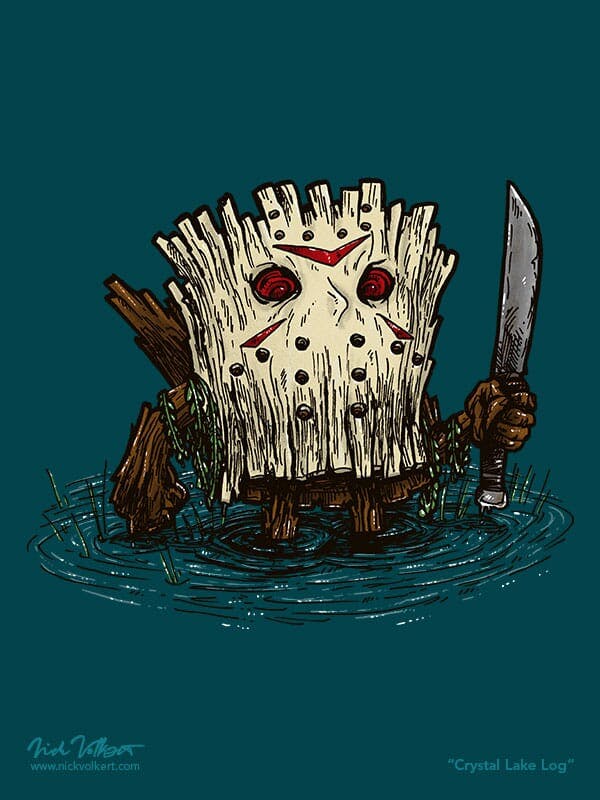 A log wearing a terrifying hockey mask rises from the water.