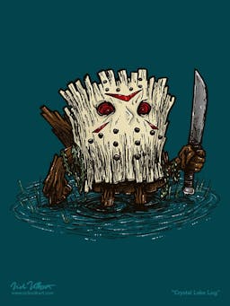 A log wearing a terrifying hockey mask rises from the water.