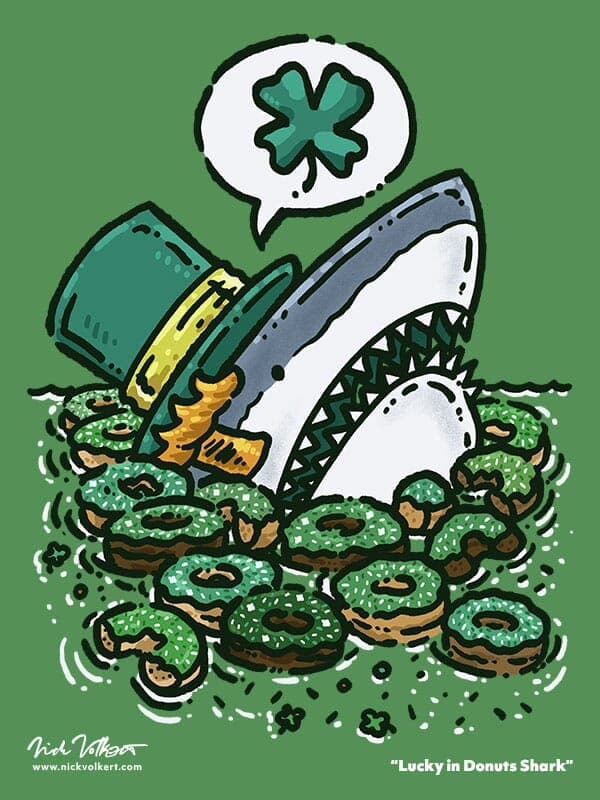 A great white shark peeking out of the water surrounded by a variety of St Patricks Day themed donuts that it is going to devour!
