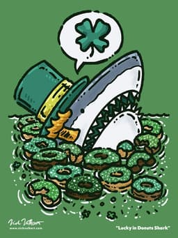 A great white shark peeking out of the water surrounded by a variety of St Patricks Day themed donuts that it is going to devour!