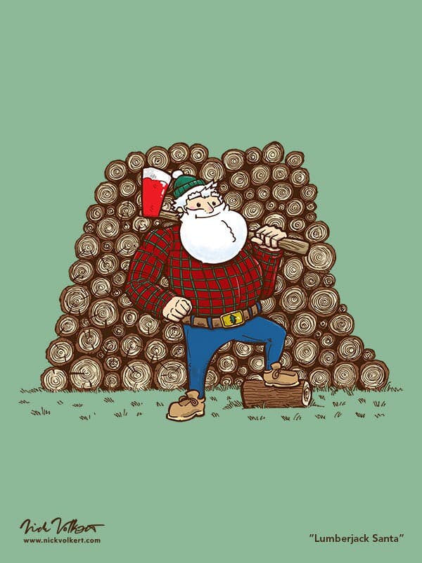 Santa stands proudly in front of a large pile of chopped logs with his leg on another chopped log, wearing a plaid shirt and a green stocking cap.