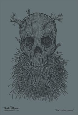 A skull with branches growing out of the jaw and head on grey.