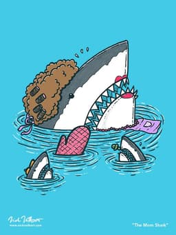 A mom shark attends to food while her childern horse around.
