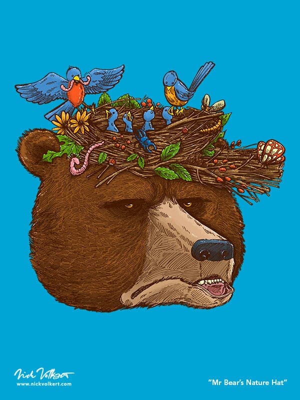 An annoyed grizzly bear deals with springtime birds making him a hat that serves as their nest.