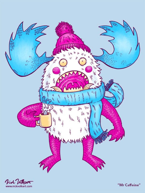 A monster is wide eyed after drinking too much caffeine in the Winter.