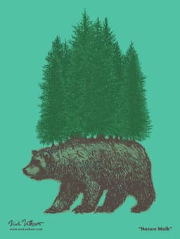 A grizzly bear with a pine foreset on its back walking.