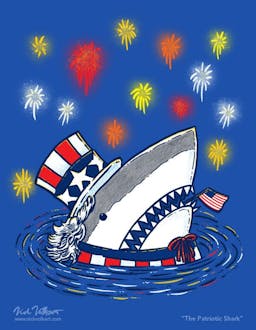 A shark pops out of the water dressed as Uncle Sam, with fireworks going off in the background.