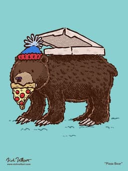 A large grizzly bear sneakily sneaks off with a large pizza and a slice in its mouth.