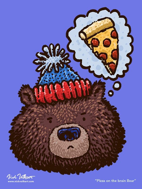 A full faced grizzly bear wears a stocking cap with a pompom and dreams of a slice of pizza.