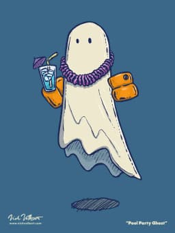 A floating ghost enjoys a cool beverage and has his wingies on for a dip in the pool.