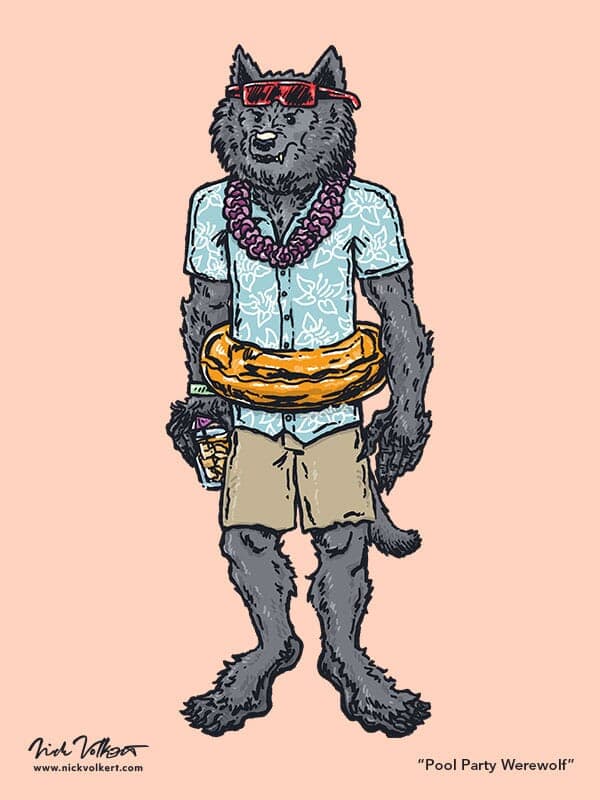 A werewolf chills at a pool party looking either slightly annoyed or trying his best to not go full werewolf attack on everyone.